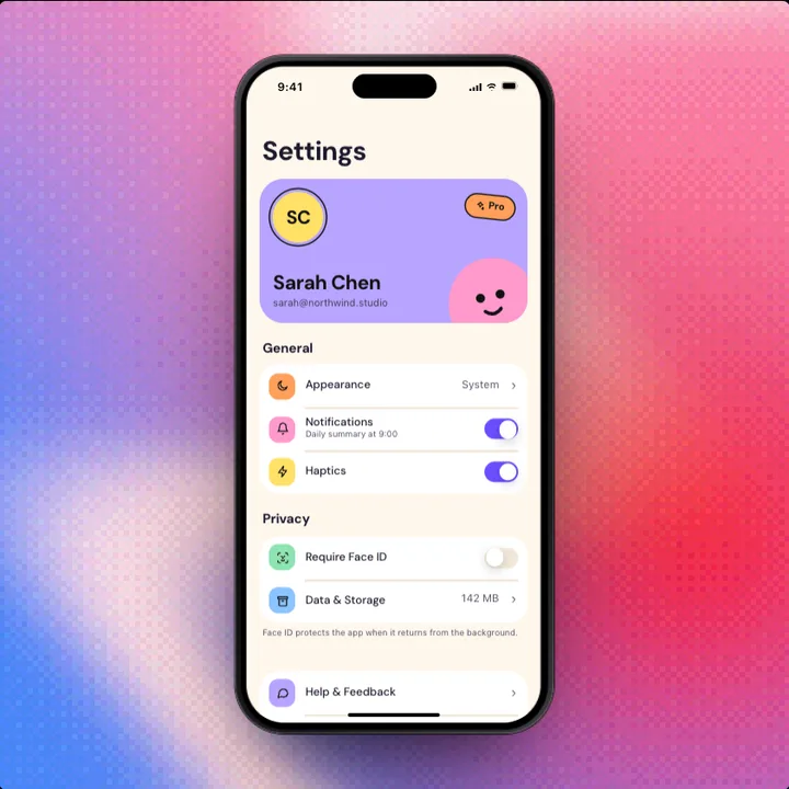 Settings, a Swift Pieces Pro screen