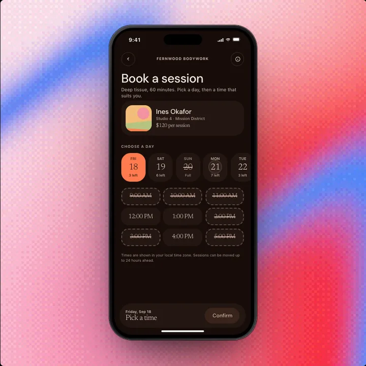 Booking, a Swift Pieces Pro screen